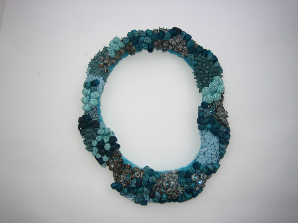 2004 'Aqua coral' porcelain, zinc, silk, swarowsky, beads, 3x4x22cm