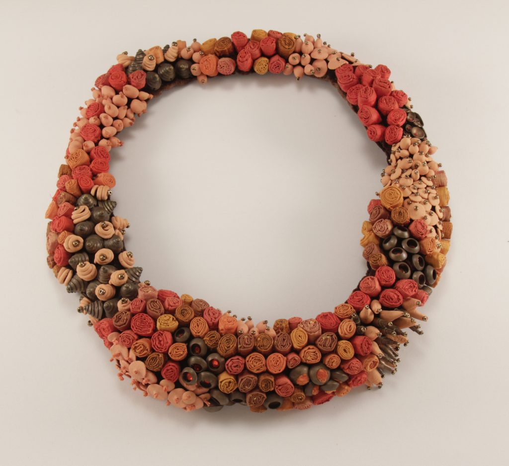 2005 'Queens coral', silk, velvet, copper, porcelain, swarovsky, beads, 3x4x21cm