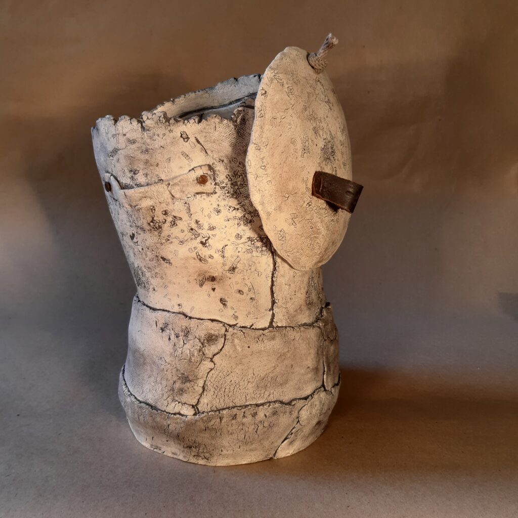 2020 'Restore #1', earthenware,iron, leather, rope, h28x o17cm, open